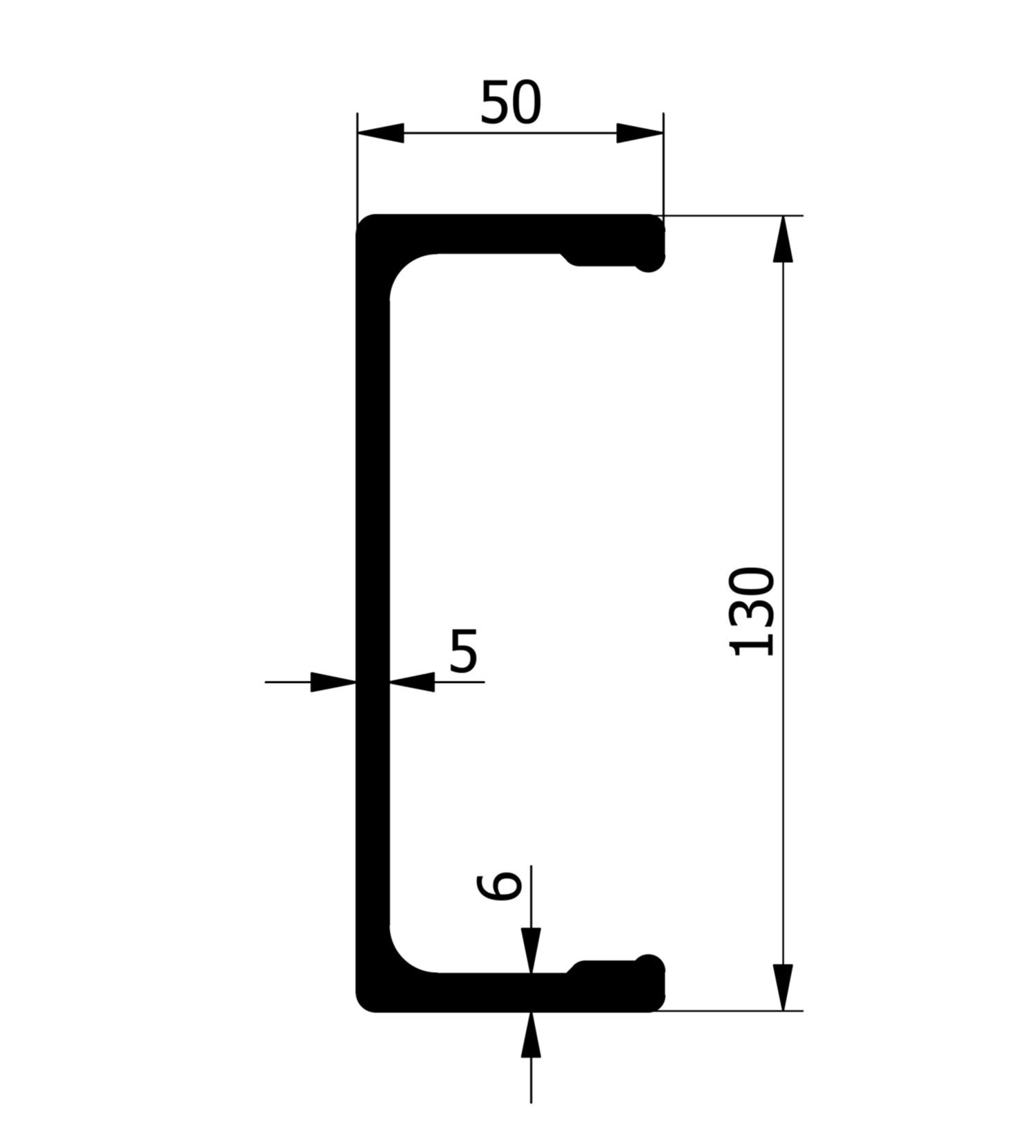 Profil aluminiowy C130 w przekroju technicznym z wymiarami