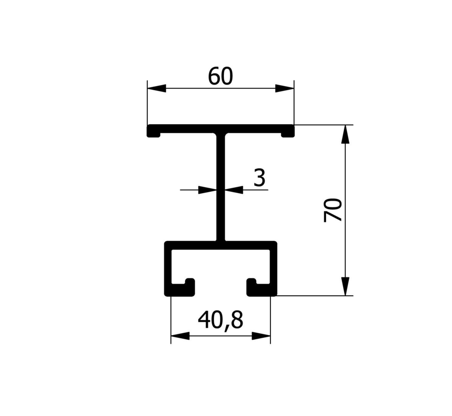 Profil poprzeczki 70 mm rysunek techniczny wymiary przekrój