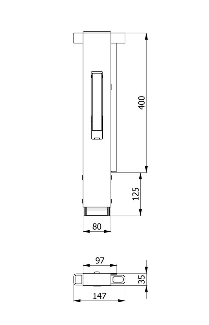 rysunek techniczny słupka aluminiowego wymiary 400x80x147 mm