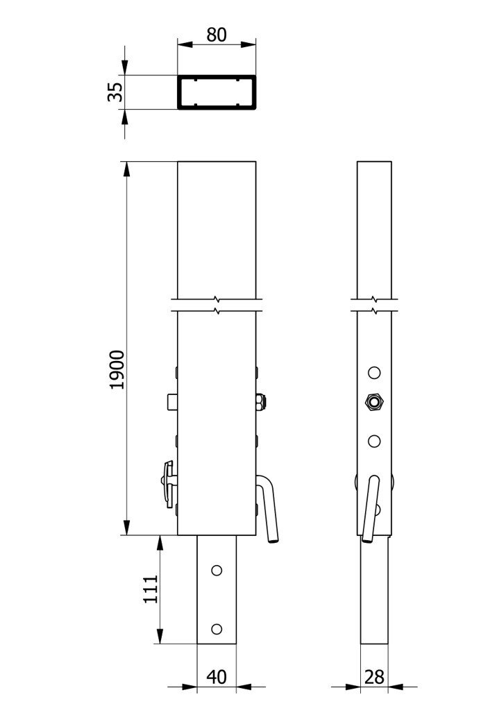 Statyw słupka środkowego 1900 mm wymiary techniczne schemat