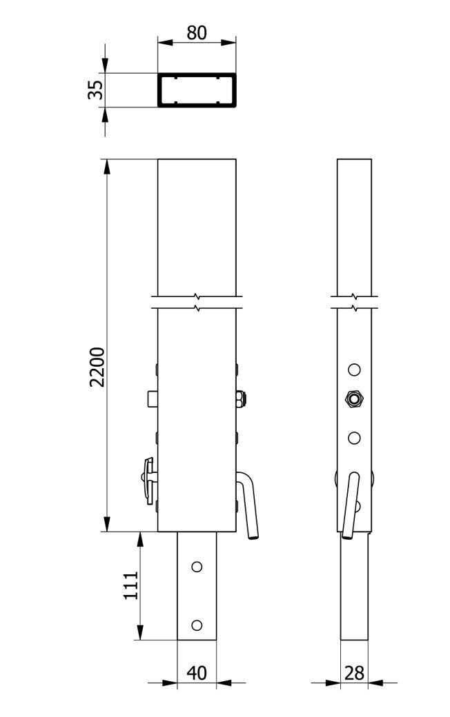 statyw słupka środkowego 2200 mm rysunek techniczny wymiary